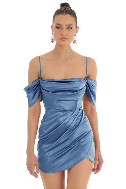 Hellodresses Simple Fuchsia Satin Spaghetti Strap Off the Shoulder Pleated Short Homecoming Dress