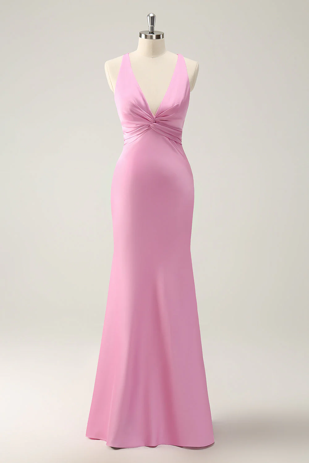Candy Pink Sleeveless Mermaid Bridesmaid Dress with V Neck YU0054