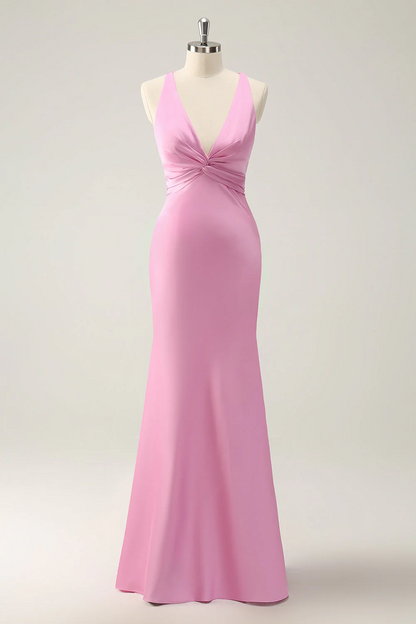 Candy Pink Sleeveless Mermaid Bridesmaid Dress with V Neck YU0054