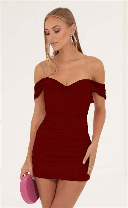 Tight Pink Sequins Off the Shoulder Strapless Pleated Short Homecoming Dress HC0010