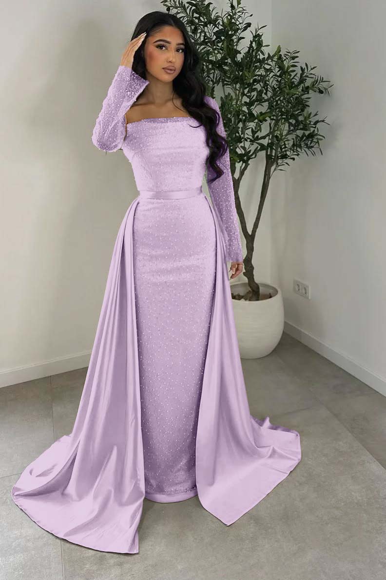 Long Sleeves Square Neck Long Mermaid Prom Dress With Beading HS0005