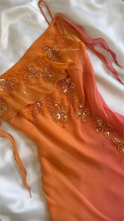 Unique Sheath Spaghetti Strap Beaded Pink Orange Ombre Chiffon Party Dress SH2711