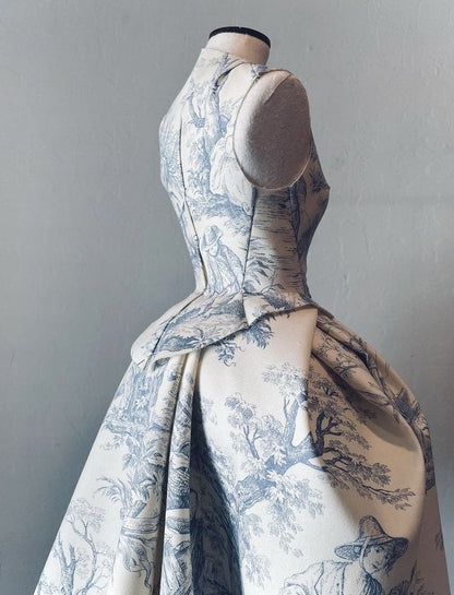 zelldressess-Blue floral satin halter midi homecoming dress birthday party dress prom dress gh5395