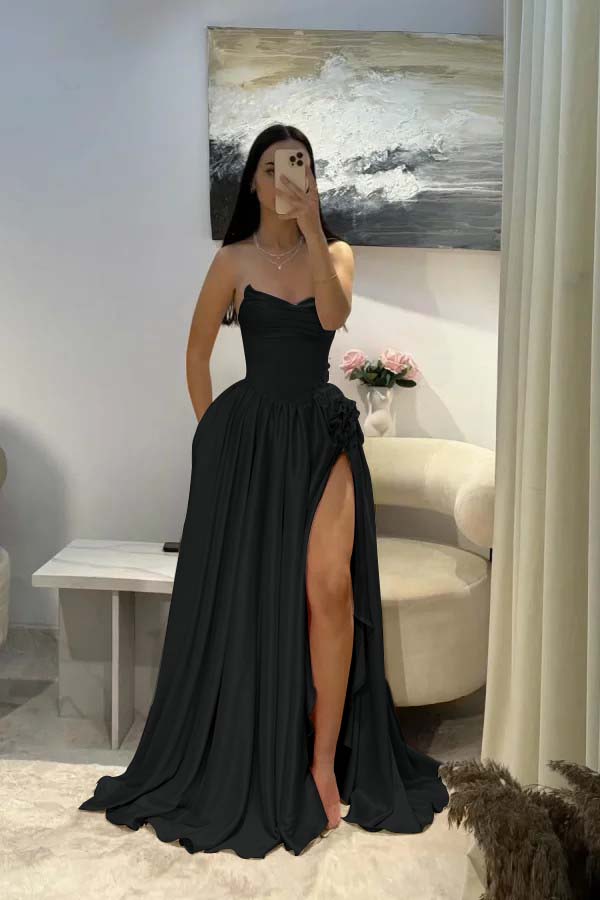 Elegant Pink Satin Strapless Beaded Sleeveless Pleated Split Prom Dress | Zelldresses