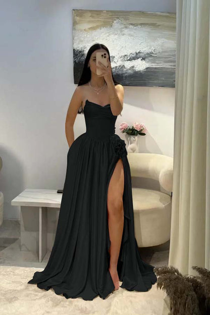 Elegant Pink Satin Strapless Beaded Sleeveless Pleated Split Prom Dress | Zelldresses