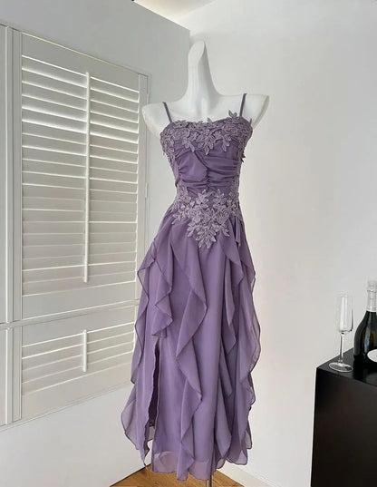 Cute A Line Spaghetti Strap Ruffle White Appliques Chiffon Party Dress Evening Dress SH2828