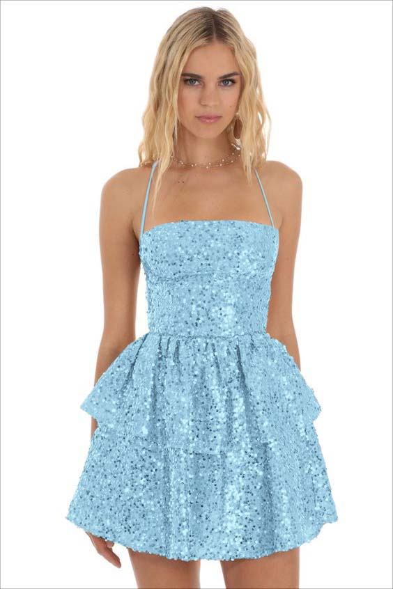 Champagne Sequins Halter Sleeveless Short Homecoming Dress with Ruffles HC0011