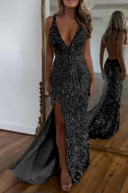 Charming Gold Sequins Spaghetti Strap Sleeveless V Neck Long Prom Dress with Split | Zelldresses