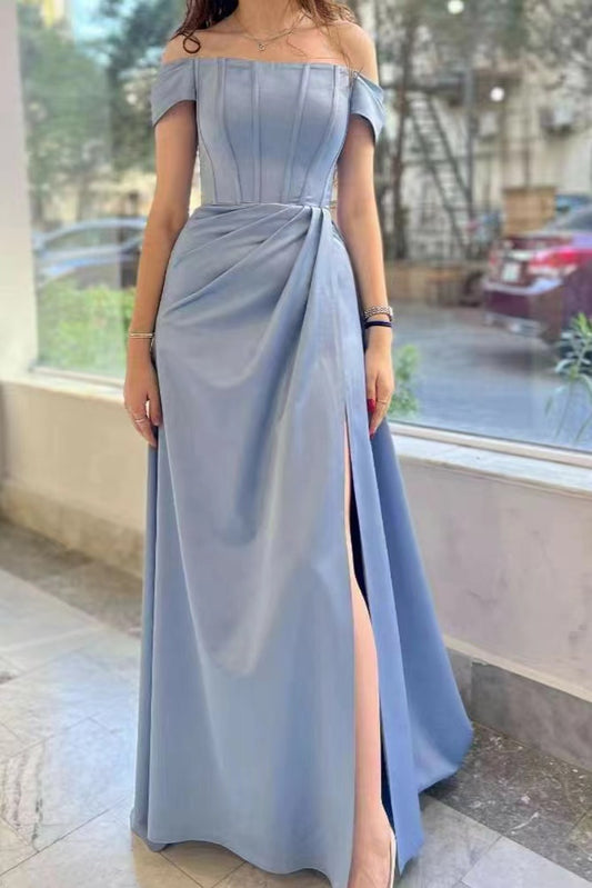 Dusty Blue Elegant Off-the-Shoulder Split Prom Dress with Pleats ED0379