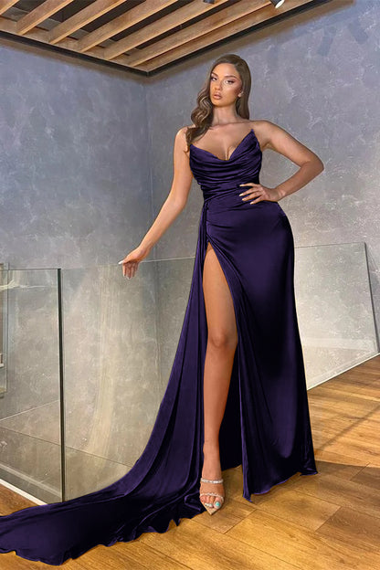 Yellow Satin Strapless Sleeveless Long Mermaid Pleated Split Prom Dress PD0495