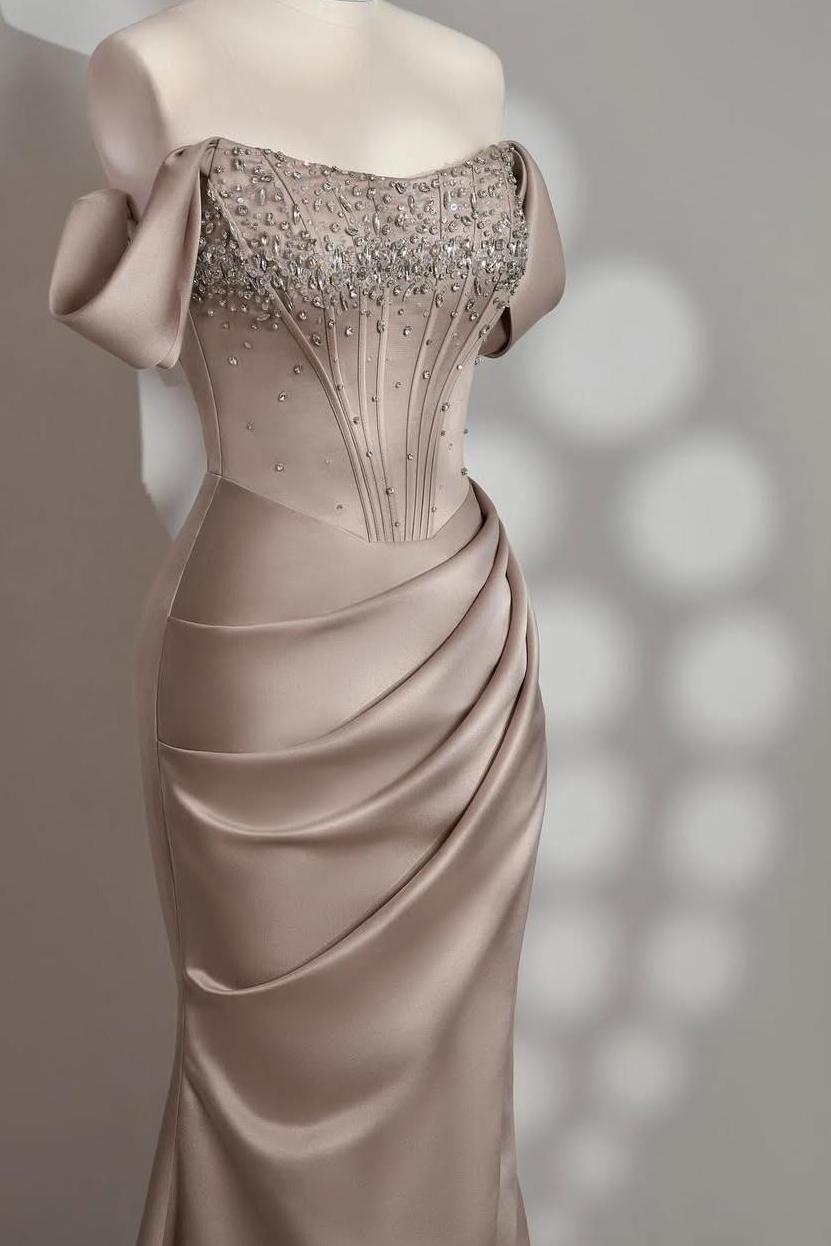 Charming Taupe Satin Off the Shoulder Strapless Long Split Prom Dress with Beadings | Zelldresses