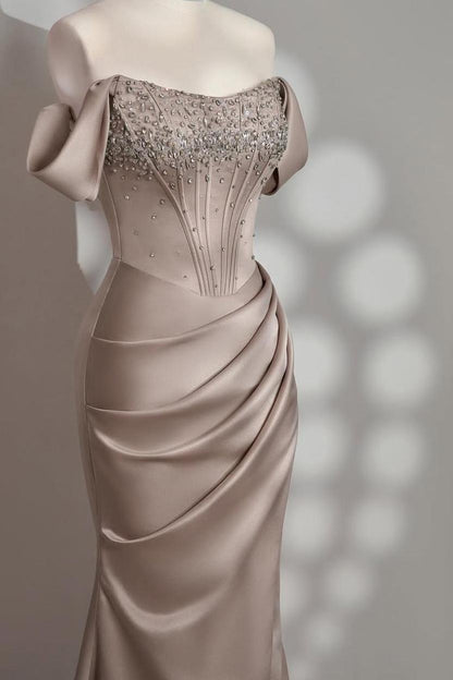 Charming Taupe Satin Off the Shoulder Strapless Long Split Prom Dress with Beadings | Zelldresses