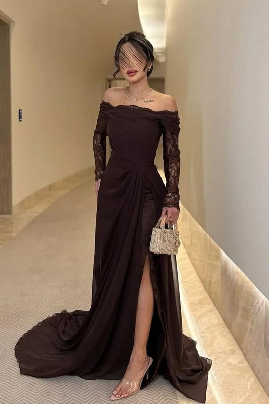 Off the Shoulder Long Sleeves Long Split Prom Dress With Pleated WQ0009