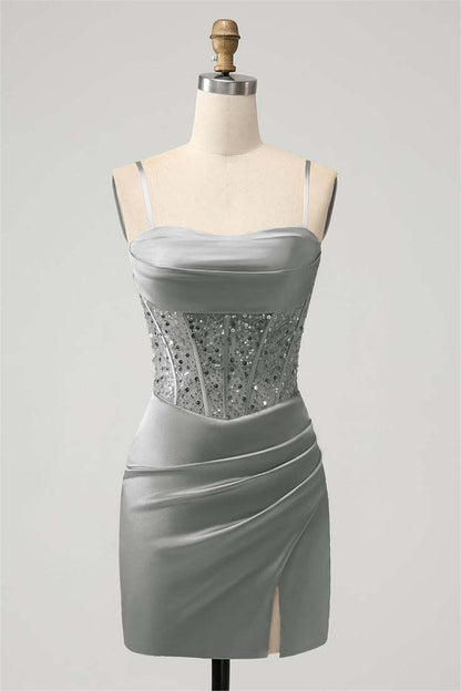 Sage Green Satin Spaghetti Strap Pleated Split Homecoming Dress with Beadings HC0030