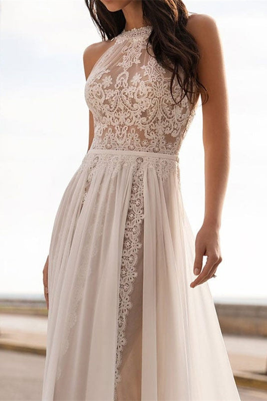Halter Sleeveless Wedding Dress with Lace Appliques PD0325