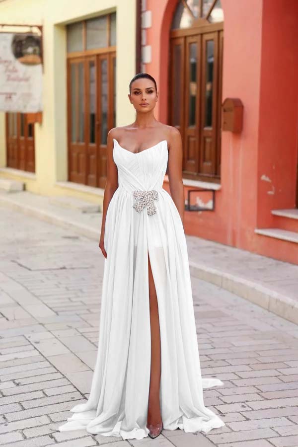 Strapless Sleeveless Long Split Prom Dress With Pleated Beading WQ0269