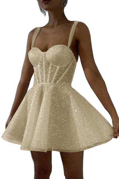 Hellodresses White Sequins Spaghetti Strap Sleeveless A Line Short Homecoming Dress