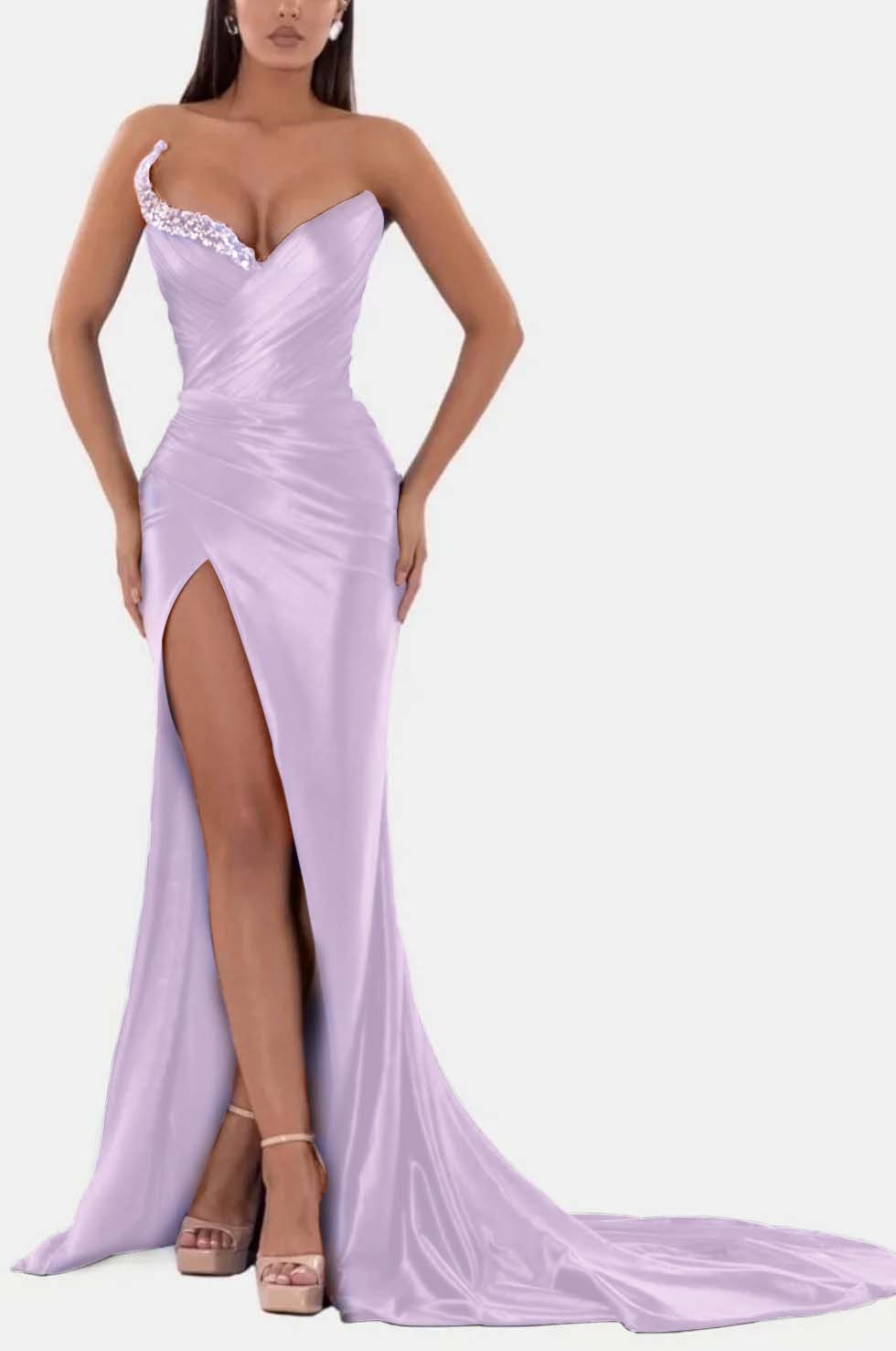 Sexy Blue Prom Dress V Neck With High Slit Pleated Strapless Sleeveless YL0328