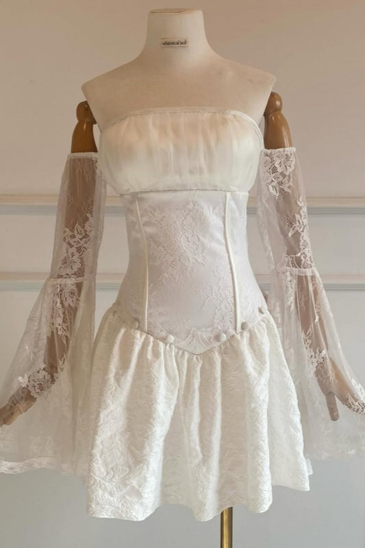 Trendy White Strapless Homecoming Dress Mini Applique with Lace CY0263