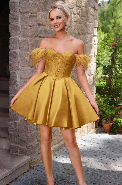 Off the Shoulder Sweetheart Sleeveless Short A Line Homecoming Dress With Feather HC0176