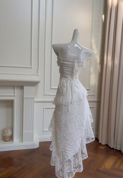 Cute A Line Spaghetti Strap Tiered Pearl White Lace Party Dress Evening Dress SH2818