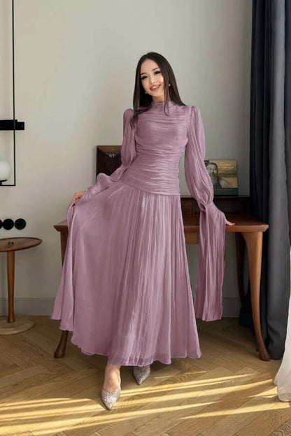 Playful Blue High-Neck Prom Dress Long Sleeves Pleated Floor Length CY0252