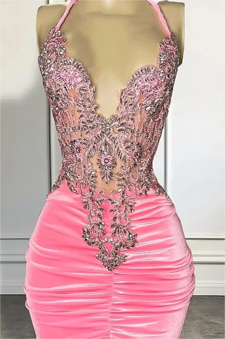 Hellodresses Pink Halter Sleeveless V Neck Pleated Short Homecoming Dress With Appliques