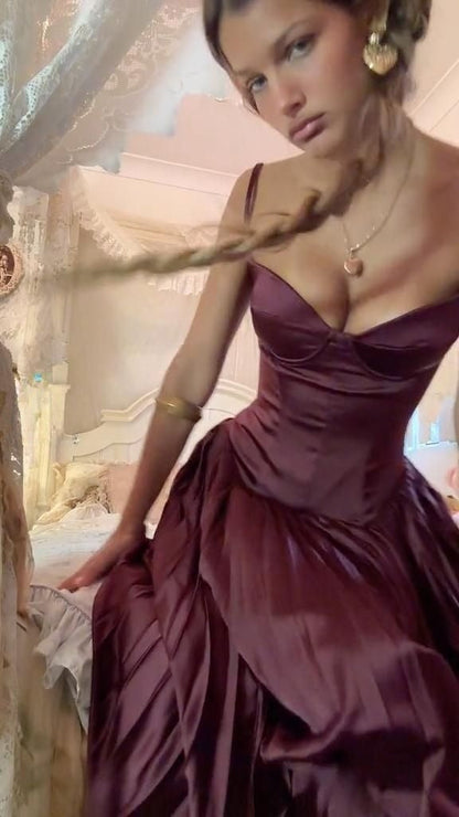 Stunning A Line Spaghetti Strap Pleated Dark Burgundy Satin Long Party Dress SH2921