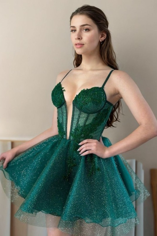 Hellodresses Dark Green Spaghetti Strap Sleeveless Short Homecoming Dress With Sequins