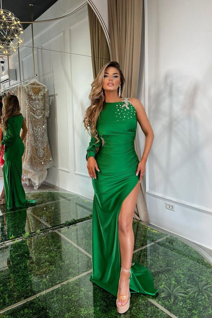 Green Prom Dress One Shoulder Pleated Slit Rhinestone Applique YL0238