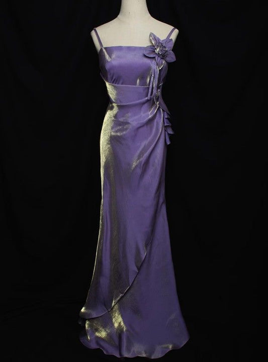 Retro Sheath Spaghetti Straps Flower Purple Satin Long Prom Dress Evening Dress SH3095