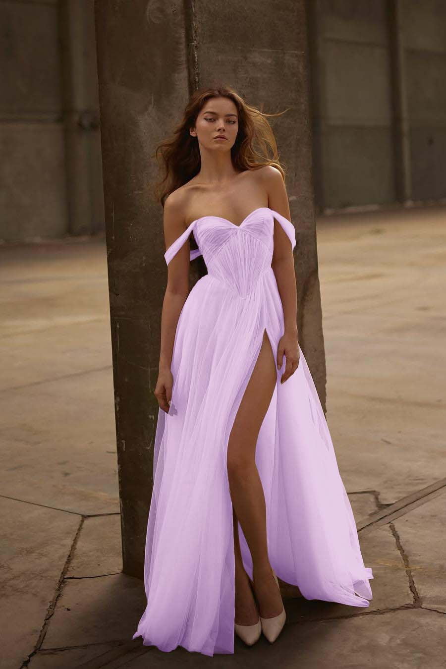 Beautiful Ivory Tulle Strapless Off the Shoulder Long Split Prom Dress with Ruffles | Zelldresses