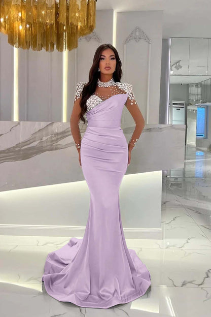 Charmeuse Dusty Blue Prom Dress Long Mermaid Tulle With Beadings YL0259