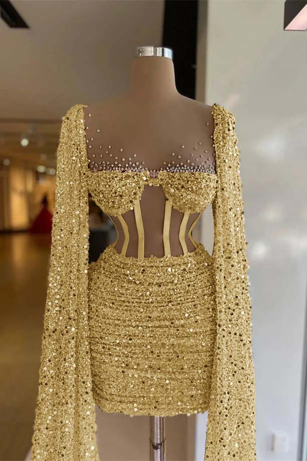 Hellodresses Sequins Square Long Sleeves Pleated Short Homecoming Dress With Beadings