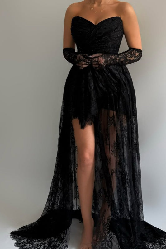 Glamorous Black Lace Sweetheart Sleeveless Split Prom Dress with Gloves | Zelldresses