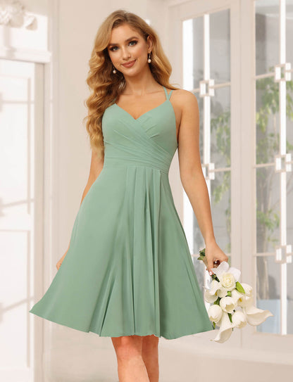 Simple Sage Green Chiffon Spaghetti Strap Sleeveless Pleated Short Bridesmaid Dress RS085