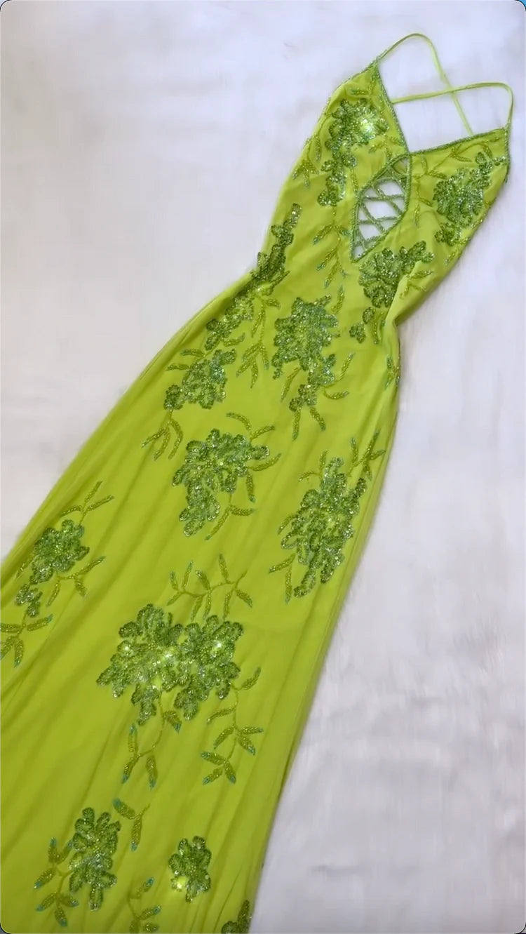 Shiny A Line Spaghetti Strap Sequin Beaded Green Chiffon Open Back Party Dress Evening Dress SH2851