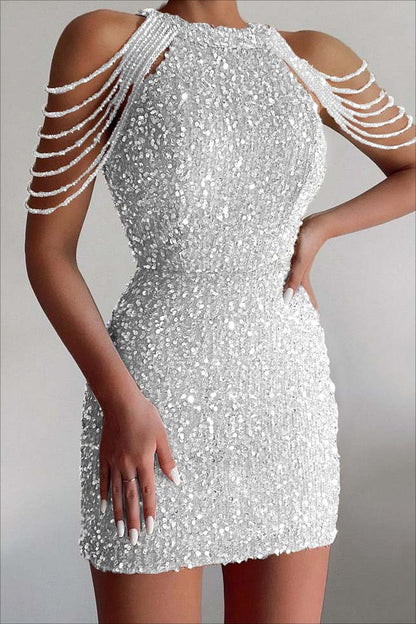 Chic Champagne Sequins Jewel Neck Sleeveless Short Homecoming Dress With Beadings HC0027