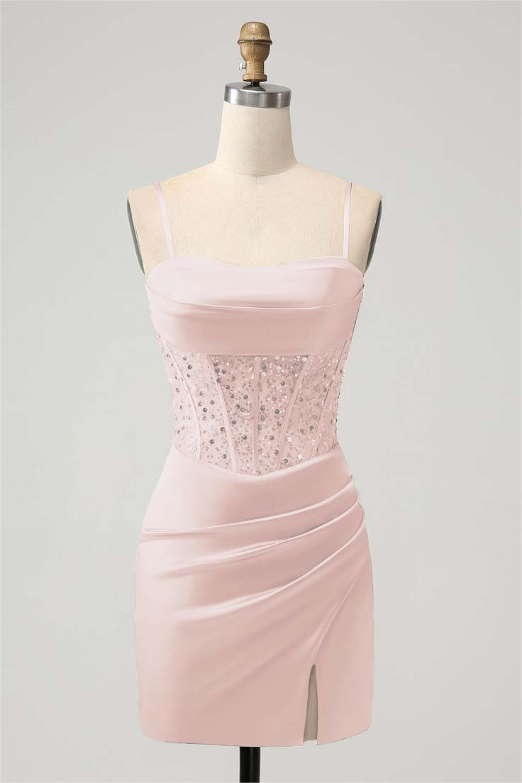 Sage Green Satin Spaghetti Strap Pleated Split Homecoming Dress with Beadings HC0030