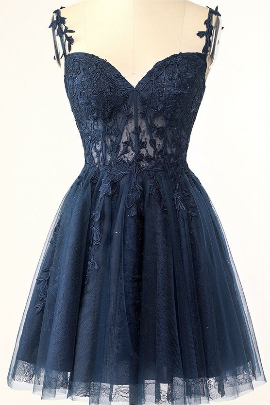 Dark Navy Tulle Sweetheart Spaghetti Strap Sleeveless Homecoming Dress With Embroidery HC0020