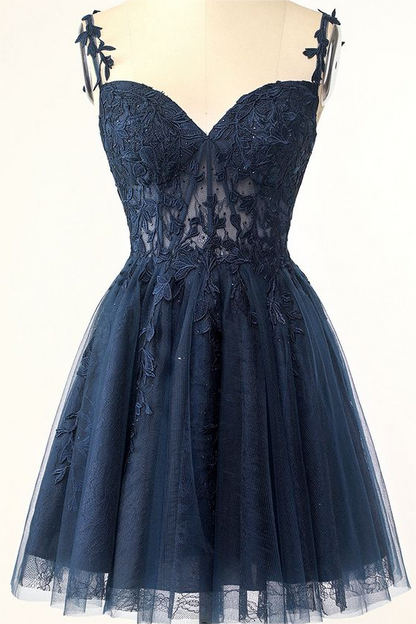 Dark Navy Tulle Sweetheart Spaghetti Strap Sleeveless Homecoming Dress With Embroidery HC0020