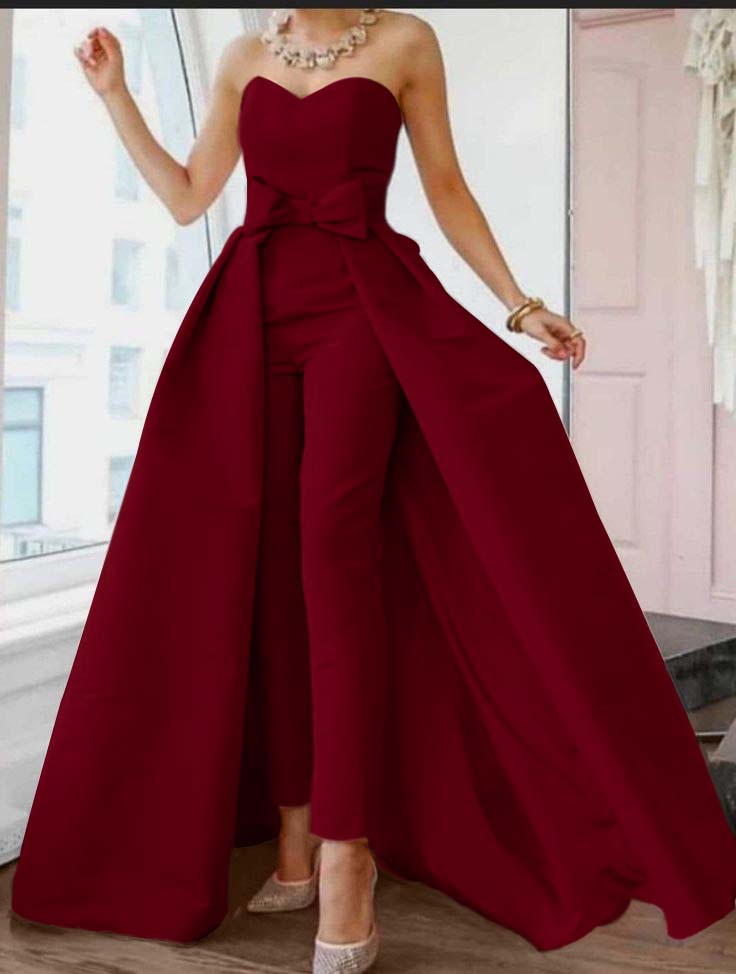 Okdais Pink Jumpsuits Evening Dresses Formal Occasion Dresses Back Sexy Engagement Sweetheart Sleeveless Detachable Bow JP0025