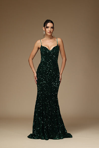 Spaghetti Straps Dark Green Prom Dress Long Sexy V-Neck Squins YX0018