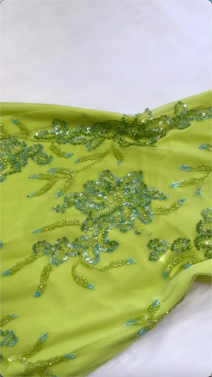 Shiny A Line Spaghetti Strap Sequin Beaded Green Chiffon Open Back Party Dress Evening Dress SH2851