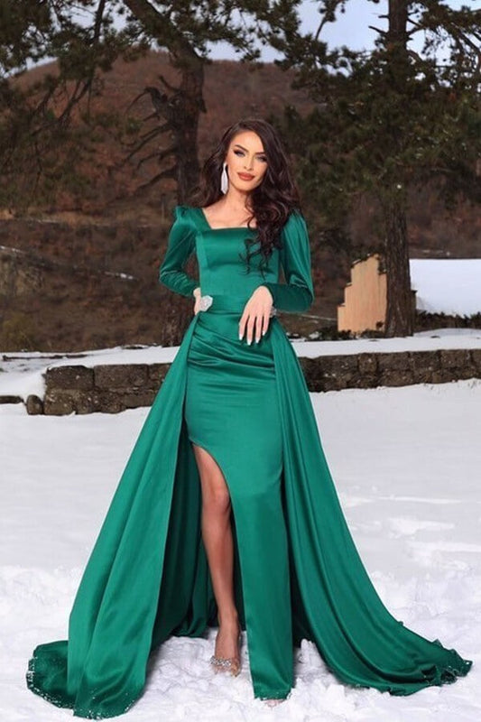 Dark Green Long Sleeves Mermaid Slit Prom Dress with Detachable Skirt ED0216
