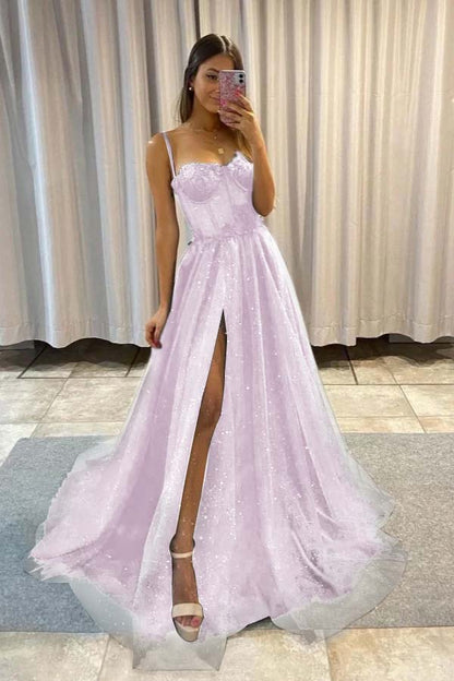 Spaghetti Strap Sleeveless Long Split Prom Dress With Sequins YC0151