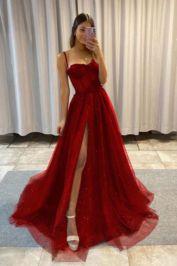 Spaghetti Strap Sleeveless Long Split Prom Dress With Sequins YC0151