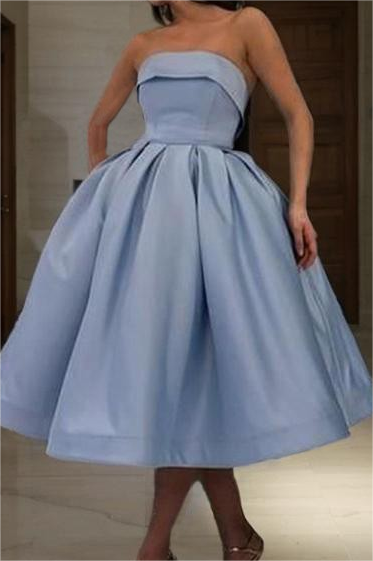 Stylish Sky Blue Strapless Sleeveless A Line Short Homecoming Dress With Pleated HC0042