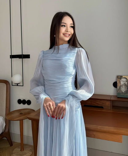 Playful Blue High-Neck Prom Dress Long Sleeves Pleated Floor Length CY0252