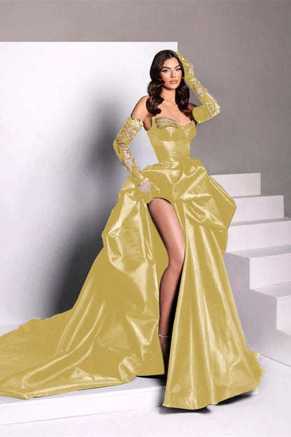 Black Taffeta Sweetheart Slit Prom Dress With Long Lace Gloves | Zelldresses